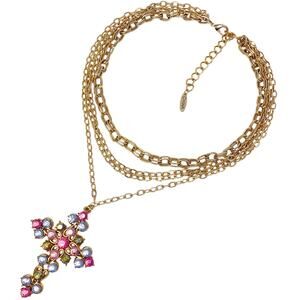 Gold Tone Multi Strand Cross Pendant Necklace Pastel Rhinestones Pink Blue 19"